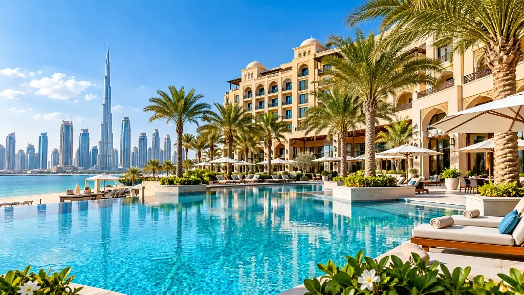 Premium Dubai resort with a swimming pool and palm trees