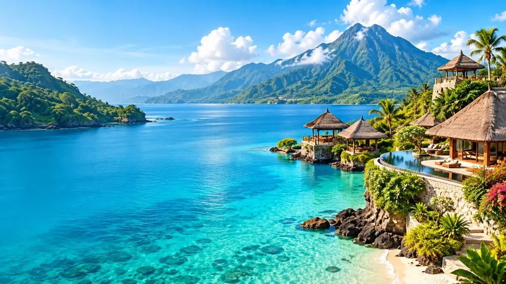 Bali lagoon with deep blue water, green mountains and cliff villas