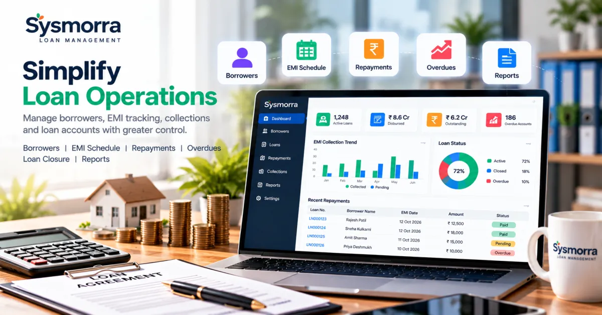 Loan management software dashboard displaying borrower accounts, EMI schedules, repayments and outstanding loan balances.