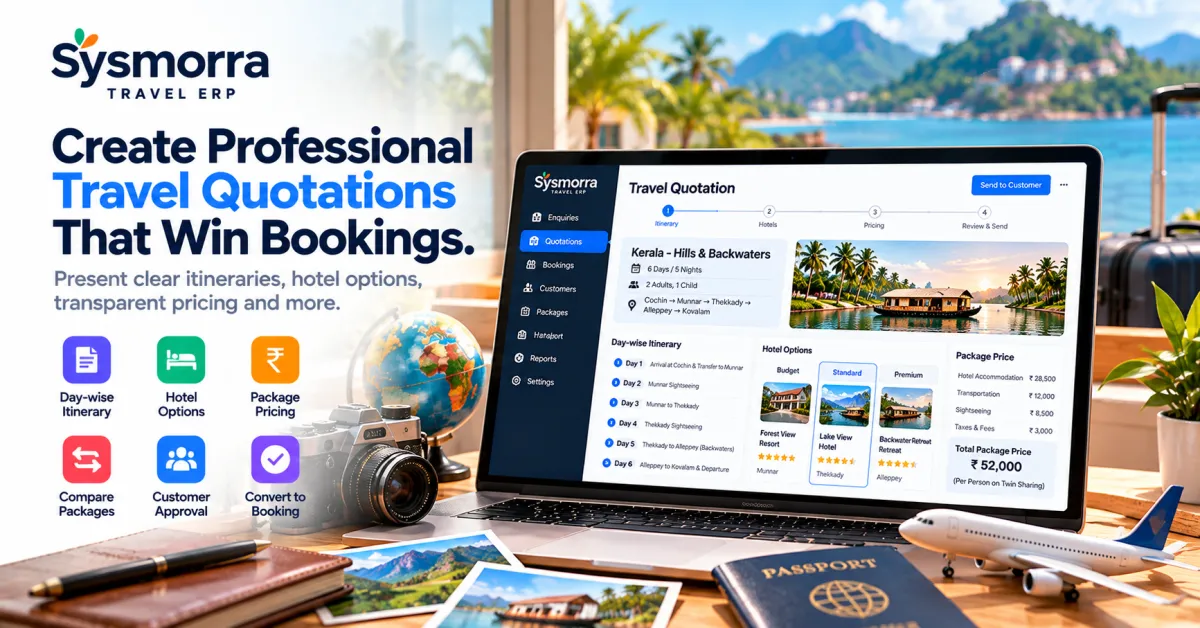 Travel quotation software showing holiday itineraries, hotel options, package pricing and customer quotation management.