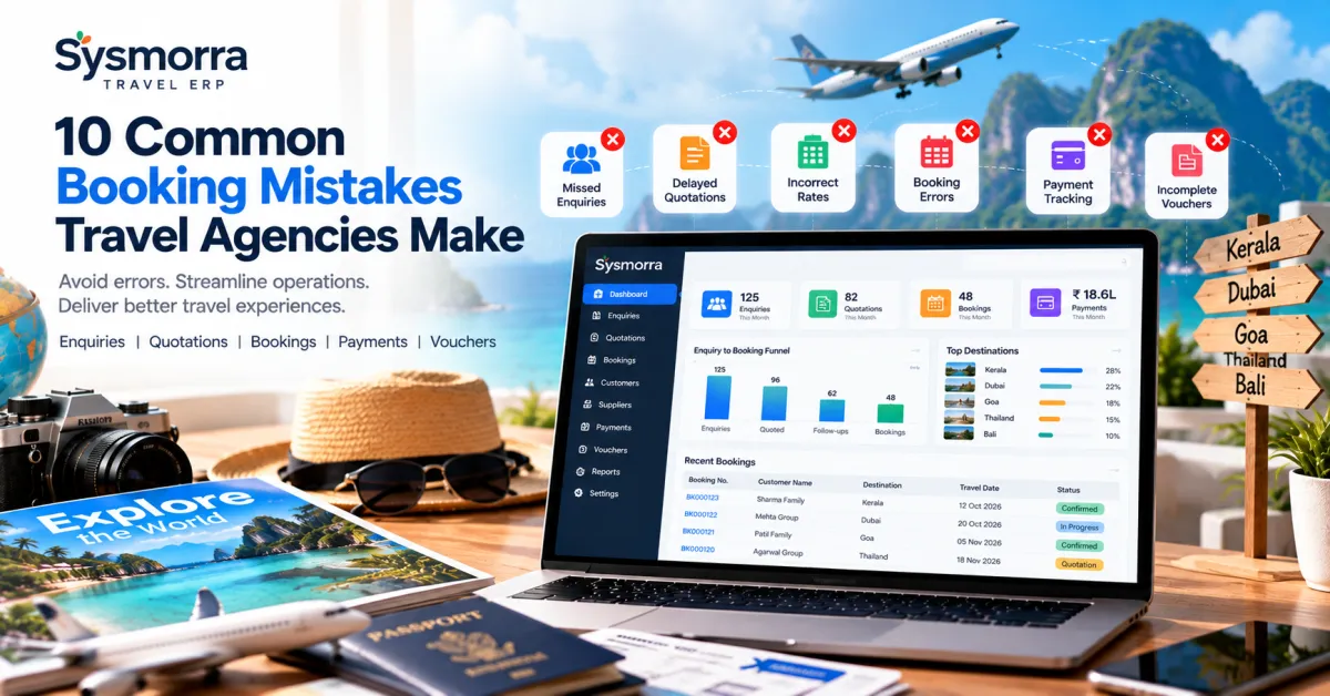 Travel agency booking management software showing enquiries, quotations, bookings and payment tracking.