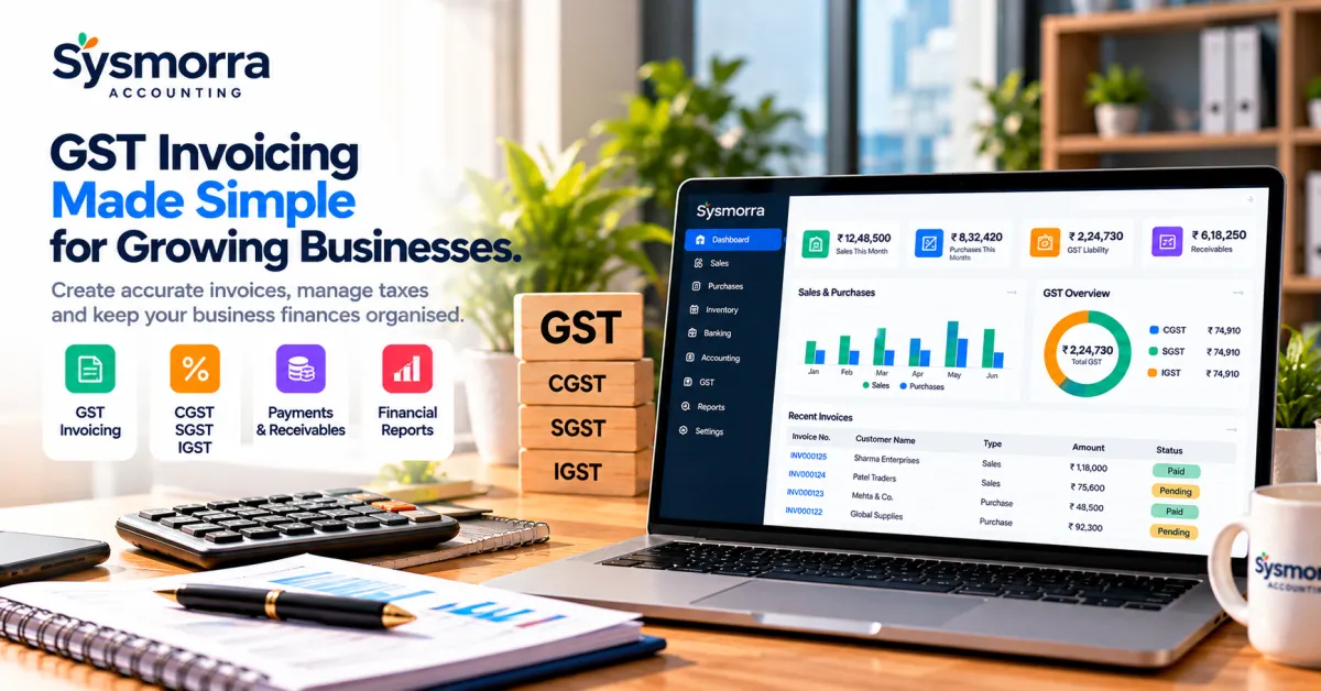 GST invoicing software dashboard showing tax invoices, CGST, SGST, IGST, customer payments and accounting reports.