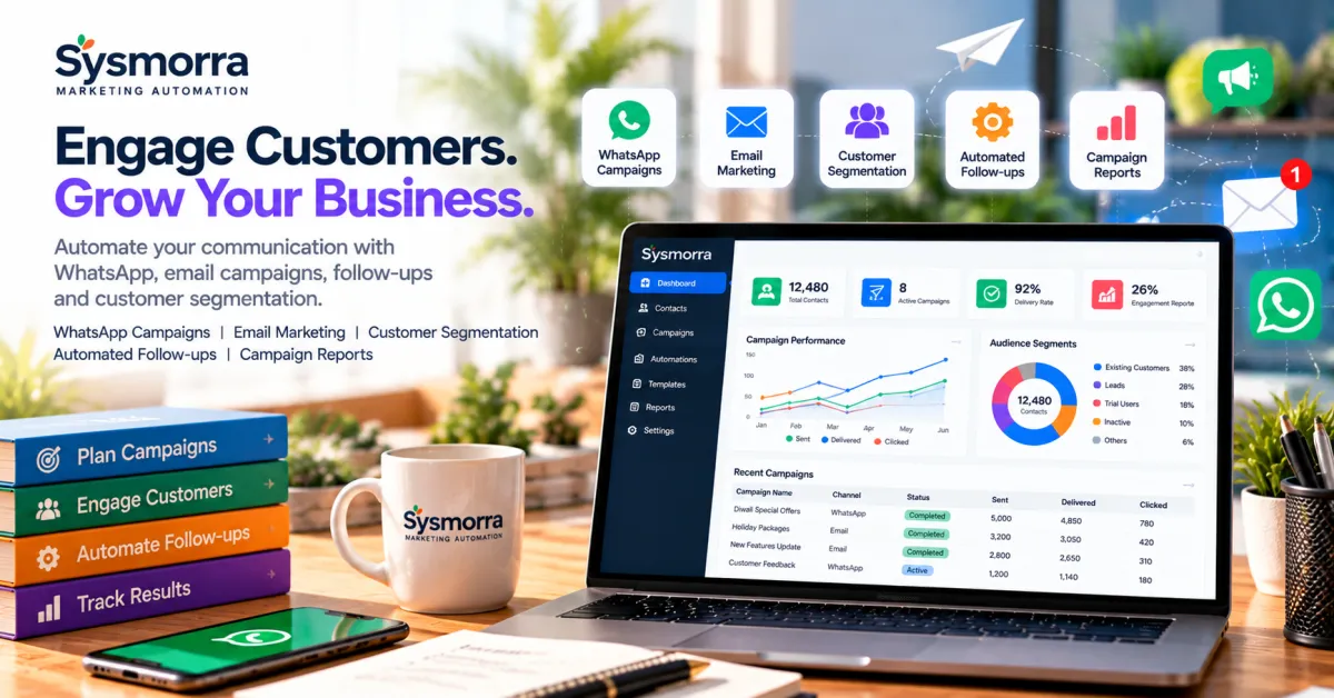 Marketing automation software showing WhatsApp campaigns, email marketing, customer segmentation and engagement reports.